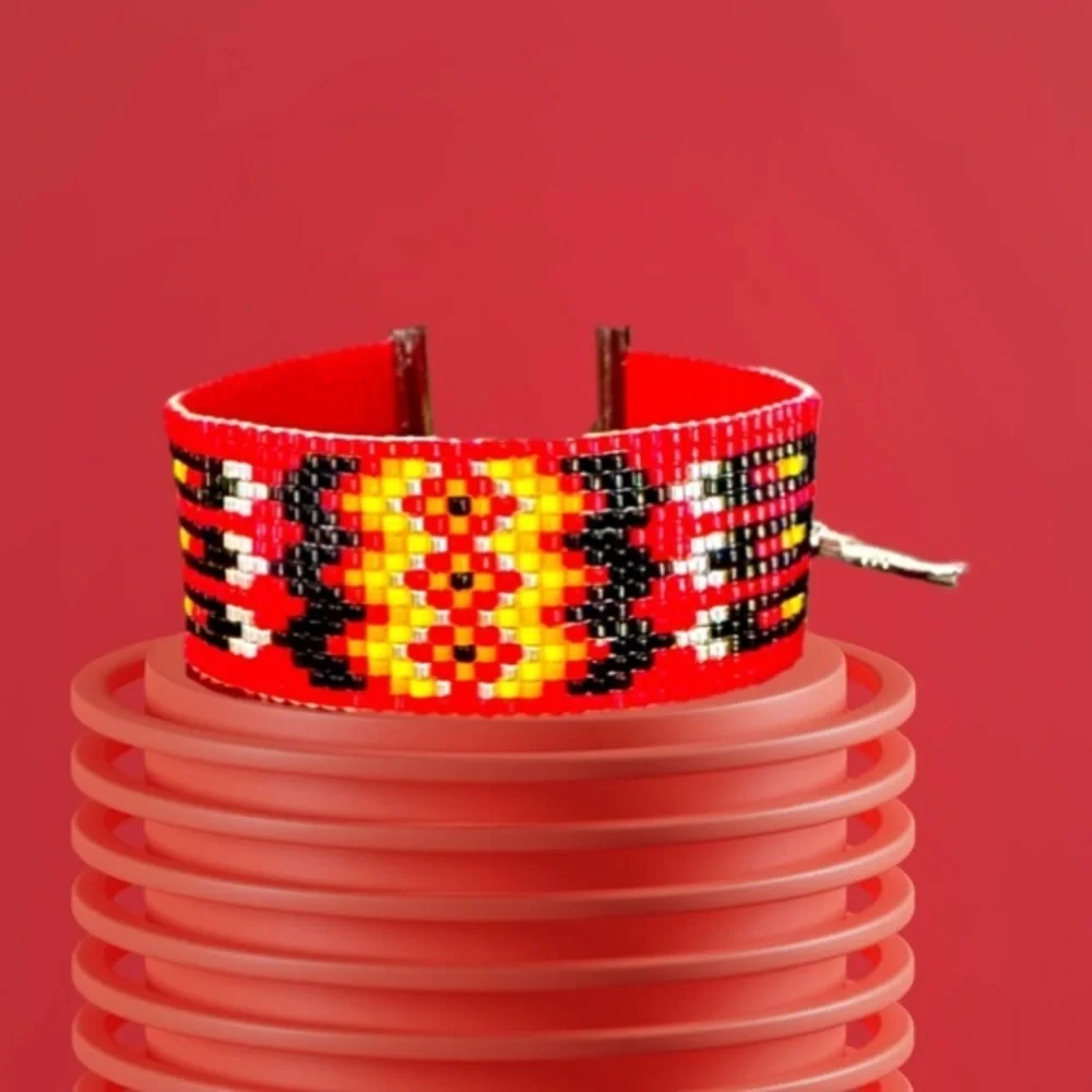Handcrafted loom adjustable beaded cuff panel bracelet Southwest Native American
